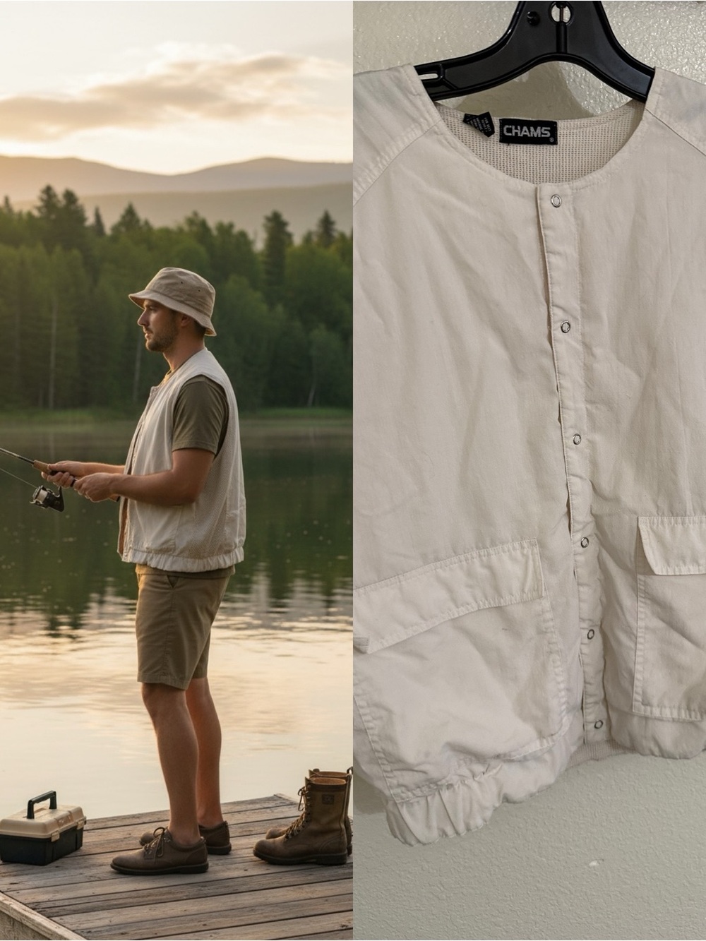 CHAMS Vintage Fishing Utility Vest Cream Snap Front Mesh Back Size Small
